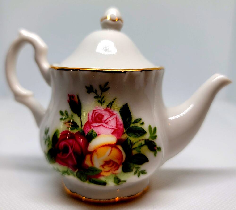 Miniature Teapot Ornament Marked Royal Albert Old Country Roses 1962 Gold Trim